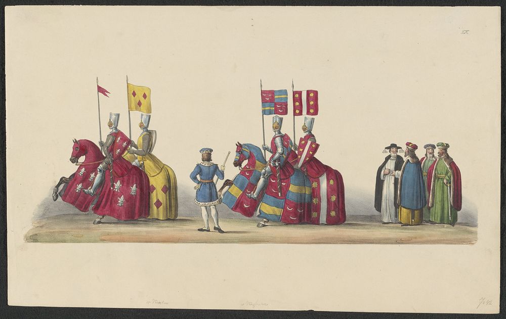 Gekostumeerde optocht van 1841: ridders (blad IX) (1841) by anonymous, Johannes Paulus Houtman and August Arnz and Co