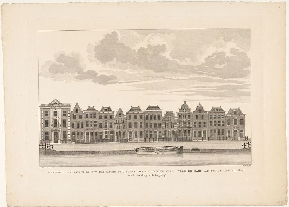 Afbeelding der huizen op het Rapenburg te Leijden zoo als dezelve waren voor de ramp van den 12 januarij 1807. Van de…