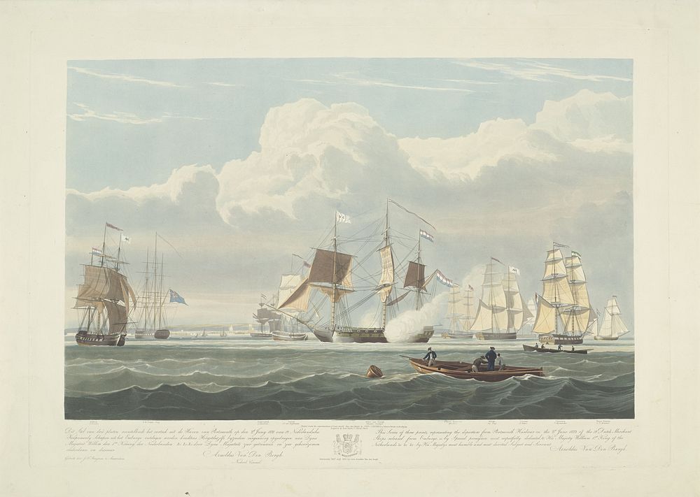 Vertrek van twaalf Nederlandse koopvaardijschepen uit de haven van Portsmouth, 1833 (plaat 3) (1835) by Robert Havell II…