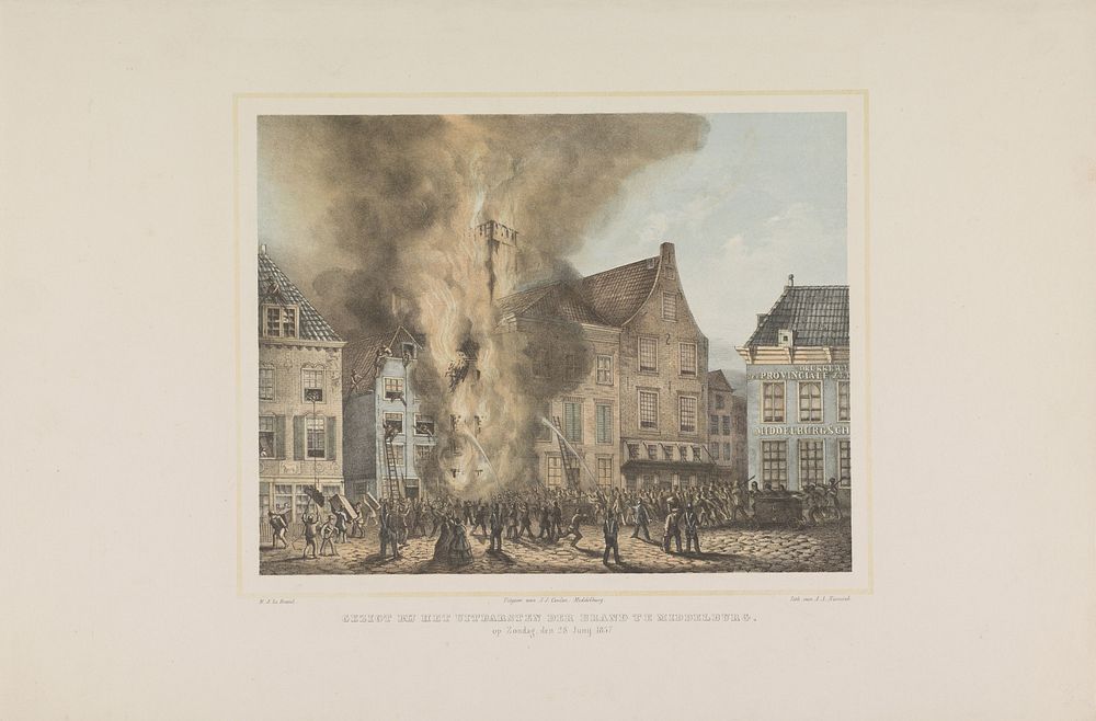 Gezigt bij het uitbarsten der brand te Middelburg. op Zondag, den 28 Junij 1857 (1857) by Albertus Anthonius Nunnink, M J la…