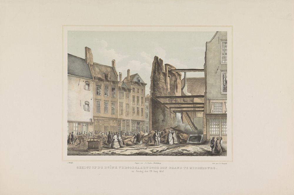 Gezigt op de ruïne veroorzaakt door den brand te Middelburg. op Zondag, den 28 Junij 1857. (1857) by Albertus Anthonius…
