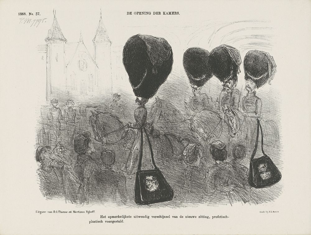 Spotprent op de nieuwe kolbakken van de huzaren,1866 (1866) by Johan Michaël Schmidt Crans, H L Smits, Dirk Anthonie Thieme…
