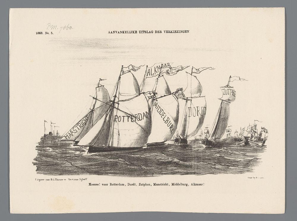 Spotprent op de verkiezing van liberale kamerleden, 1868 (1867) by Johan Michaël Schmidt Crans, H L Smits, Dirk Anthonie…