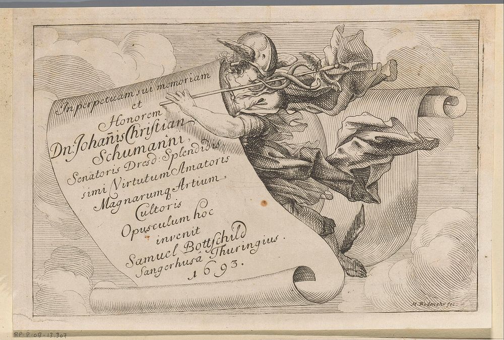 Mercurius met banderol met opdracht aan Johann Christian Schumann (1693) by Moritz Bodenehr, Samuel Bottschild, Johann…