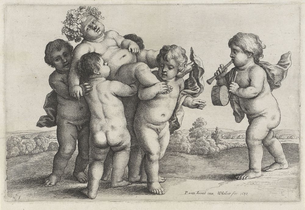 Vijf jongetjes dragen een met wijnranken gekroonde jongeling (1647) by Wenceslaus Hollar and Pieter van Avont