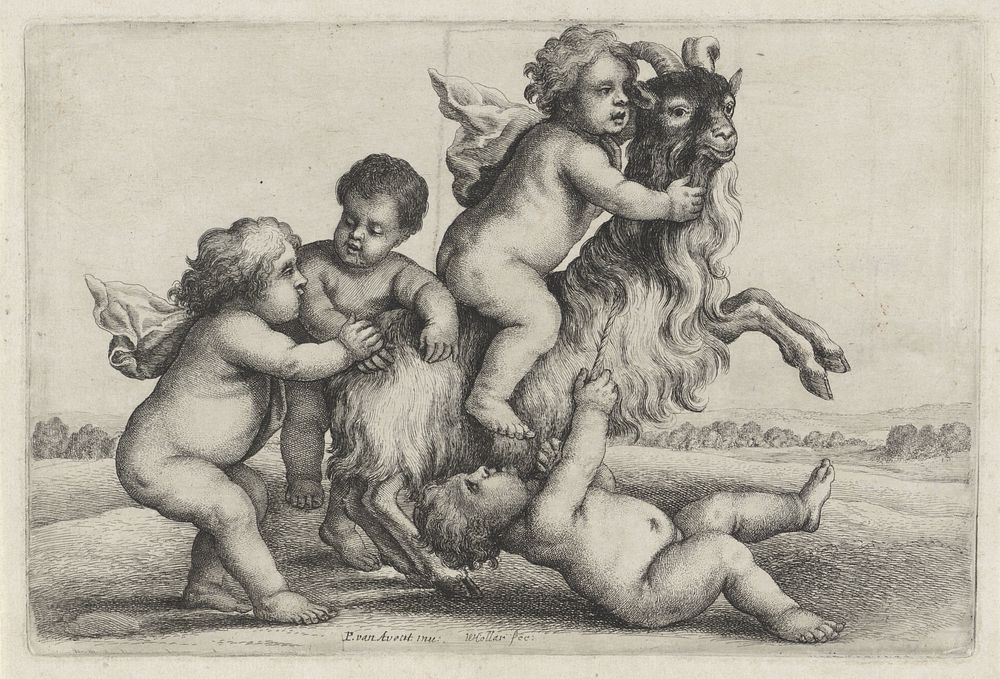 Vier jongetjes met een steigerende geit (1644 - 1652) by Wenceslaus Hollar and Pieter van Avont
