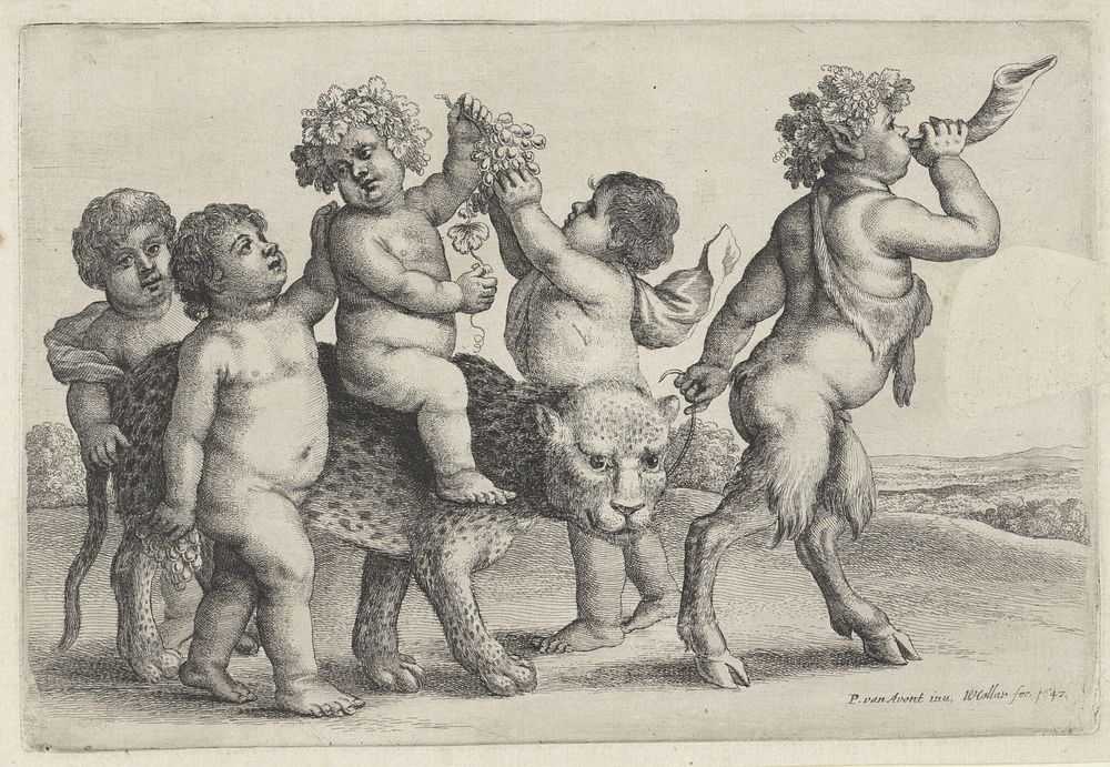Bacchant zittend op een luipaard, omgeven door drie jongetjes en een sater (1647) by Wenceslaus Hollar and Pieter van Avont