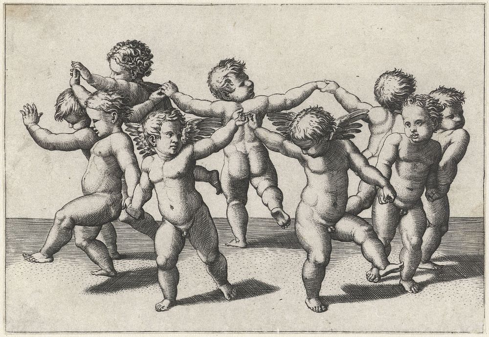 Dansende putti (1517 - 1520) by Marcantonio Raimondi and Rafaël