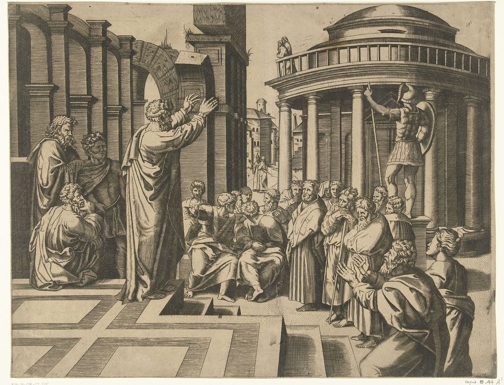 Prediking van Paulus in Athene (1517 - 1570) by anonymous, Marcantonio Raimondi and Rafaël