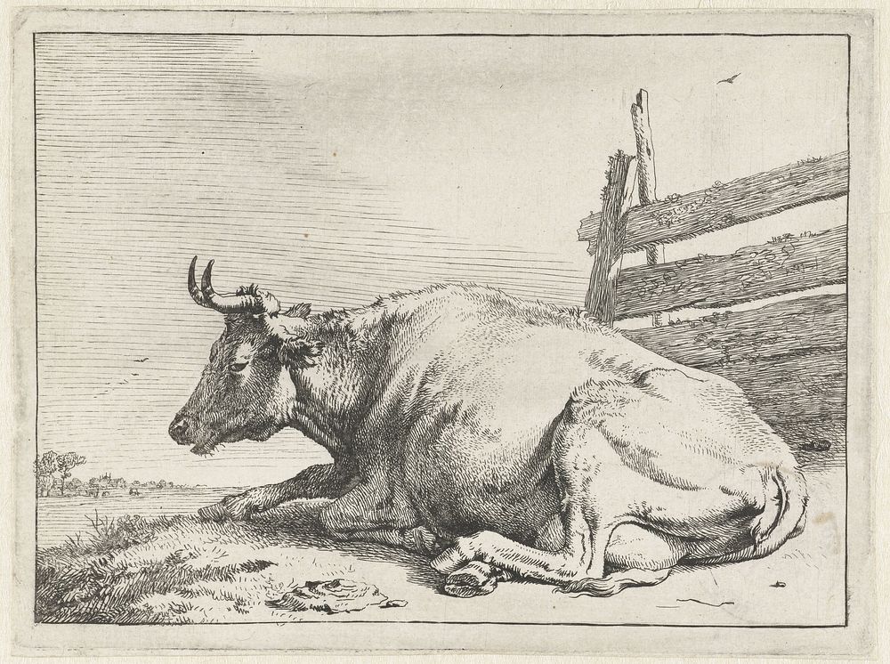 Liggende koe bij een hek (1650) by Paulus Potter, Paulus Potter and Paulus Potter