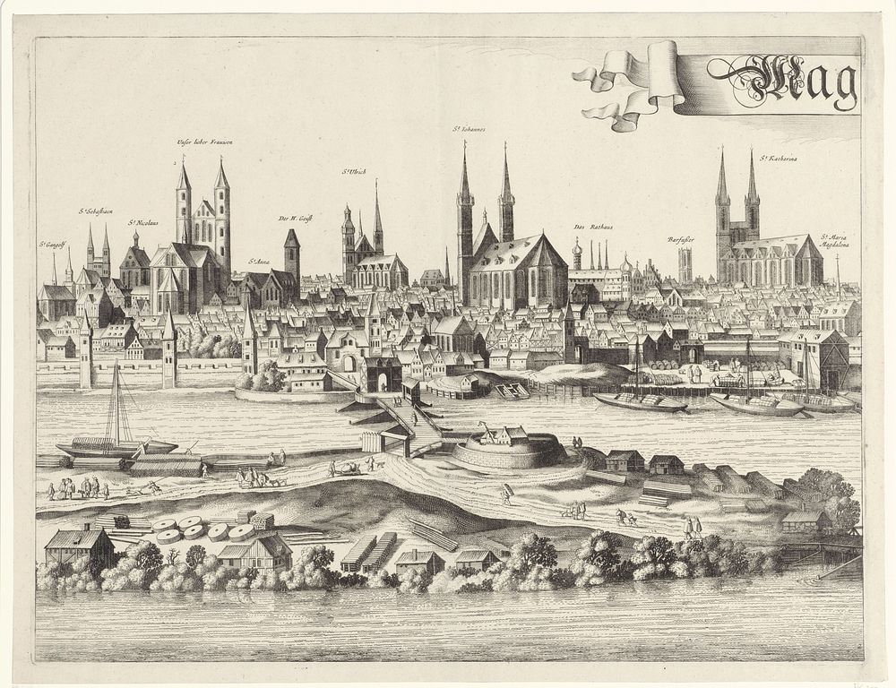 Gezicht op Maagdenburg, linker middenblad (1688 - 1727) by Jan van de Velde II and Gerard van Keulen