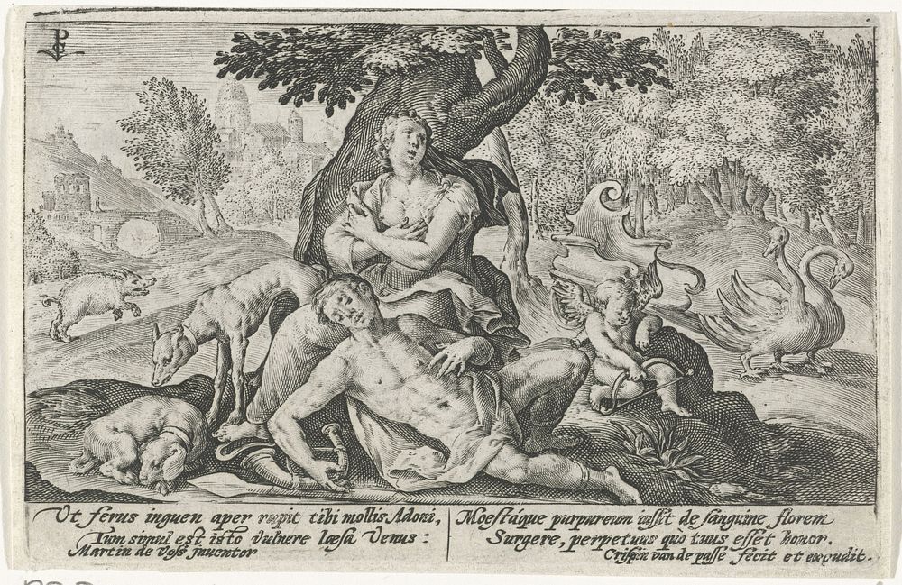 Venus treurt om Adonis (1602 - 1607) by Crispijn van de Passe I, Maerten de Vos, Johannes Posthius and Crispijn van de Passe…