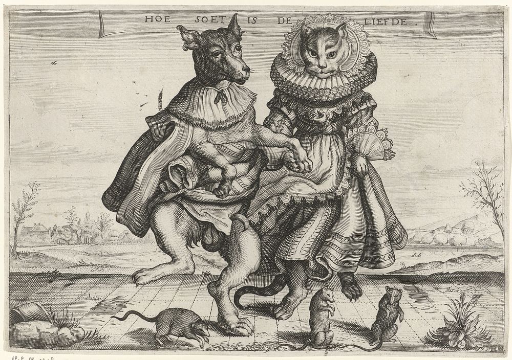 Dansende hond en poes (1620 - 1660) by Adriaen Matham, Adriaen Matham, Jacob Matham, Jan Matham and Adriaen Pietersz van de…