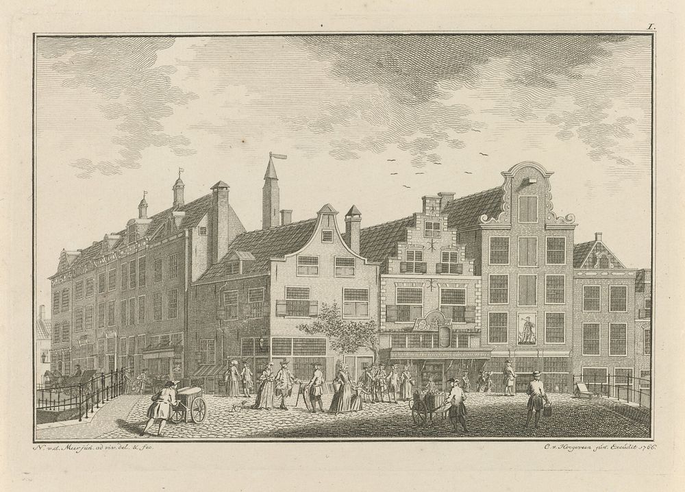 Huizen aan de Visbrug te Leiden, vóór de brand van 1766 (1766) by Noach van der Meer II, Noach van der Meer II and Cornelis…