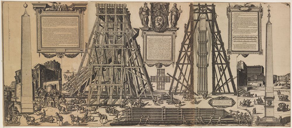 De oprichting van de obelisk op het St. Pietersplein (1586) by Natale Bonifazio da Sebenico, Giovanni Guerra and Giovanni…