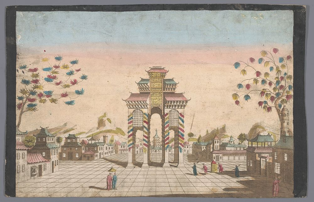 Gezicht op een triomfboog op een plein te Kanton (1700 - 1799) by Basset and anonymous