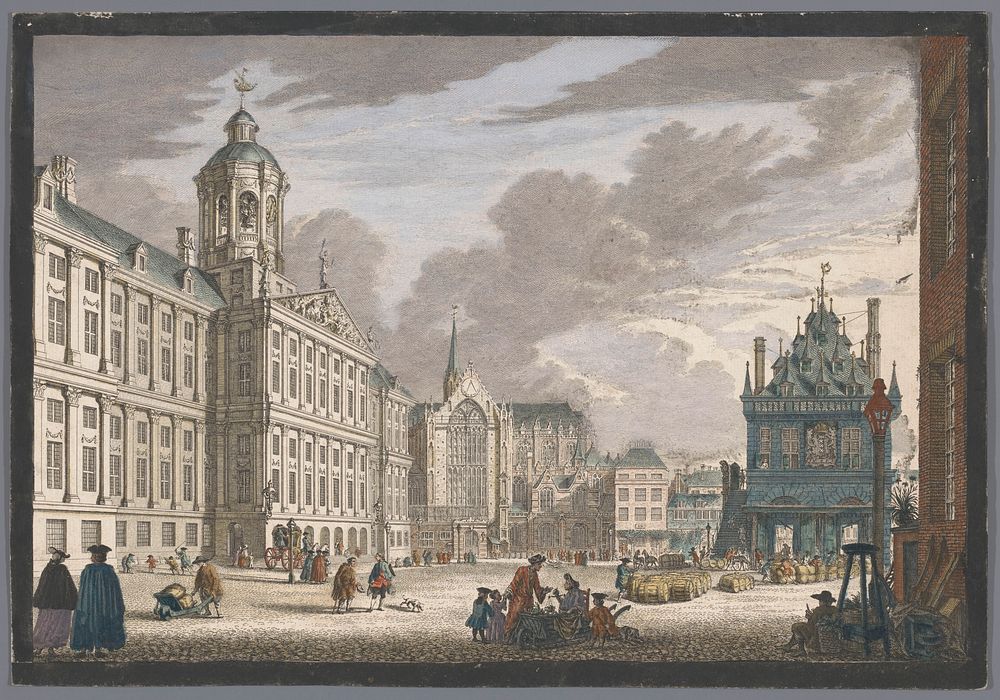Gezicht op het Stadhuis, de Nieuwe Kerk en de Waag op de Dam te Amsterdam (1753 - 1799) by Pierre Fouquet, Simon Fokke and…