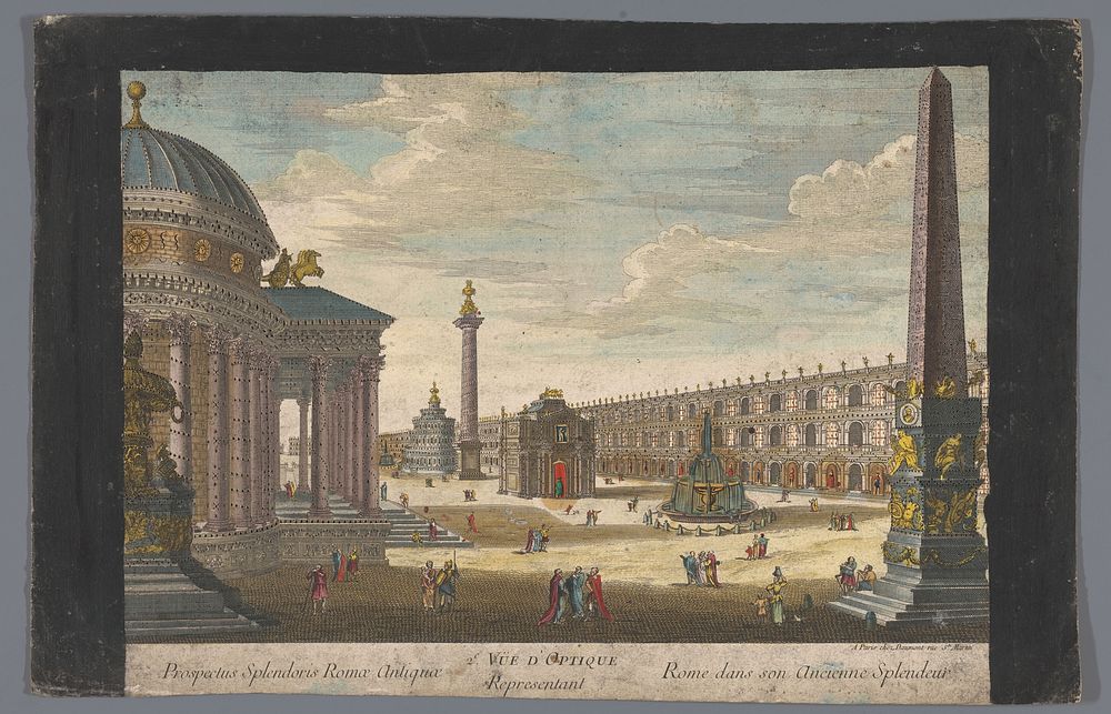 Gezicht op een obelisk, een triomfboog, een zuil en andere bouwwerken te Rome (1745 - 1775) by Jean François Daumont and…