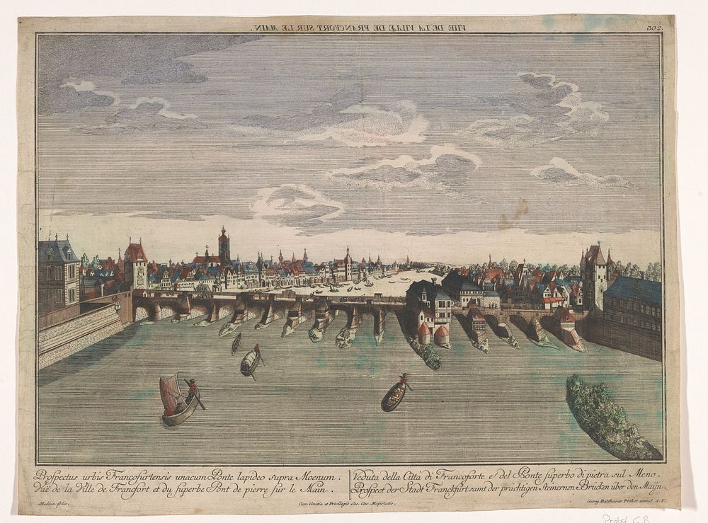 Gezicht op de Alte Brücke over de rivier de Main te Frankfurt am Main (1742 - 1801) by Georg Balthasar Probst, anonymous…