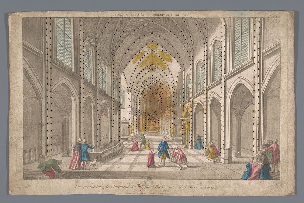Gezicht op het interieur van de Église Saint-Merri te Parijs (1700 - 1799) by Basset and anonymous