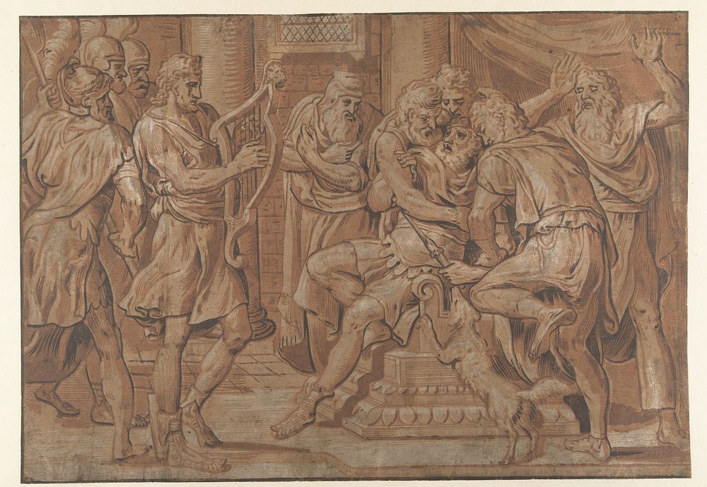 David speelt harp voor Saul (1555) by Joos Gietleughen and Frans Floris I