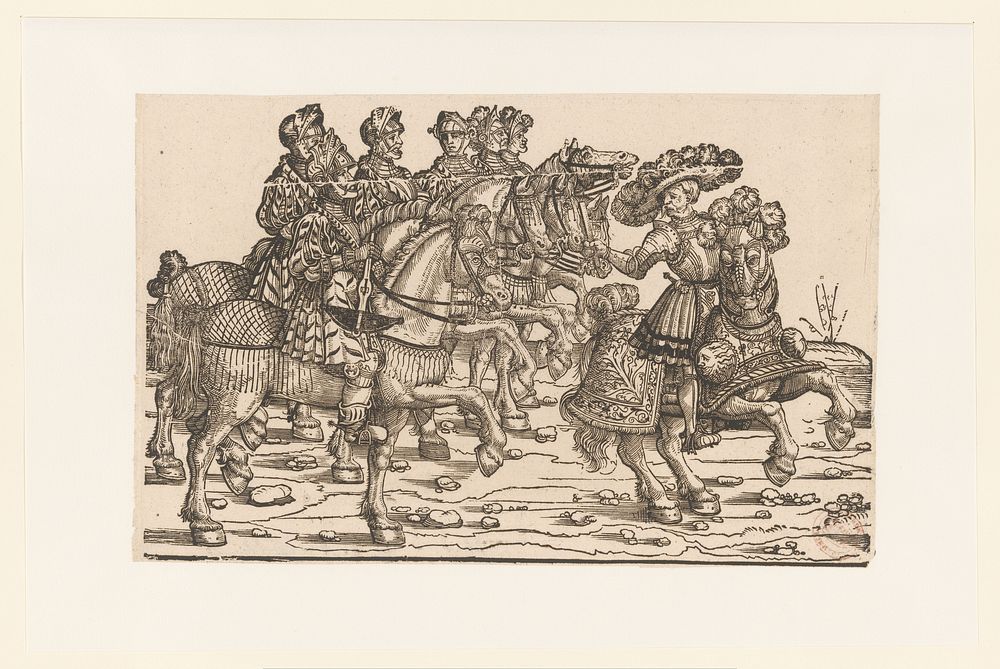 Aanvoerder en zes mannen met kruisbogen te paard (1530) by anonymous and Jörg Breu I