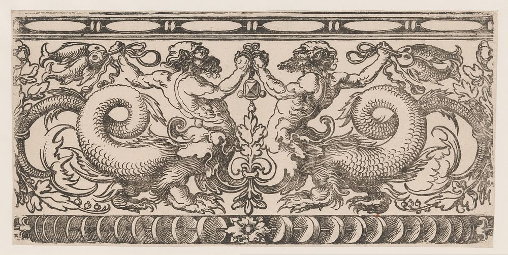 Ornament met twee vechtende tritons (1510 - 1550) by anonymous and Hans Sebald Beham
