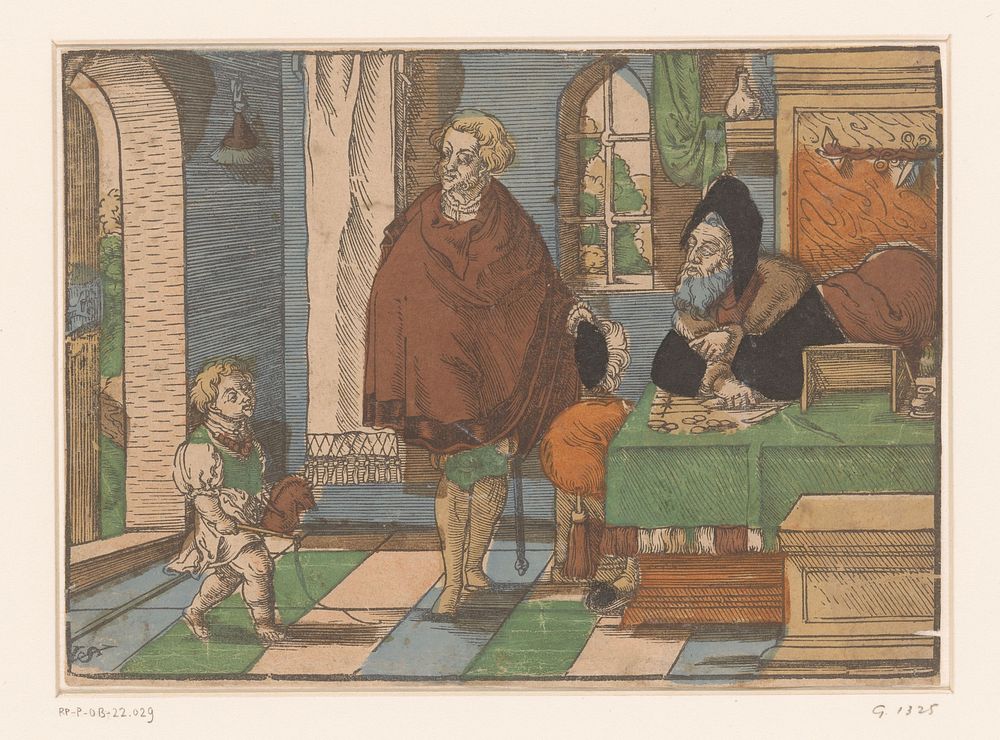 Interieur met een oude man, jongeman en kind met een stokpaard (1549) by Virgilius Solis