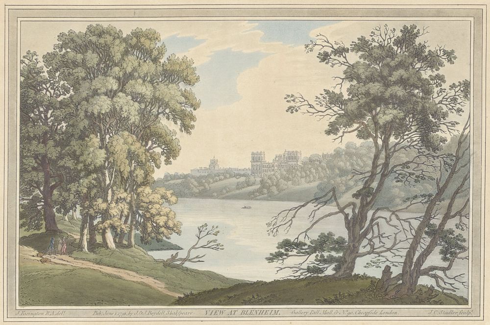 Gezicht op Blenheim Palace over het meer (1793) by Joseph Constantine Stadler, Joseph Farington and John and Josiah Boydell