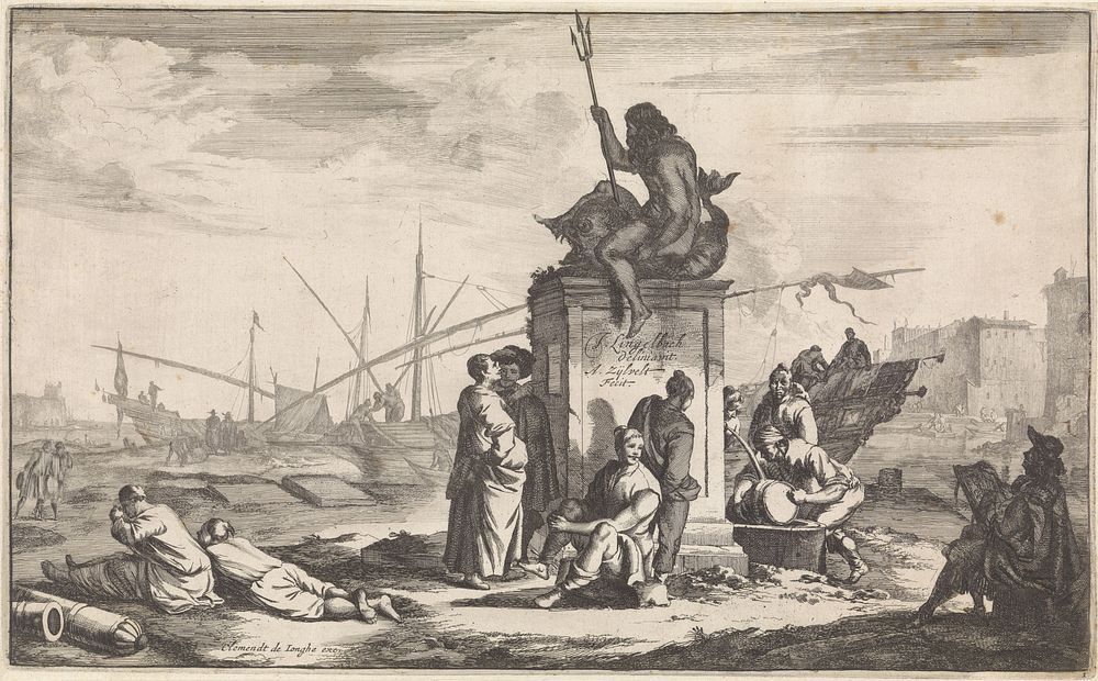 Haven met het standbeeld van Neptunus (1650 - 1695) by Anthony van Zijlvelt, Johannes Lingelbach and Clement de Jonghe