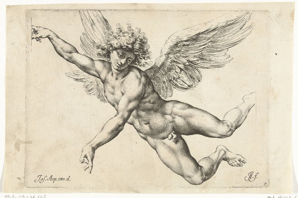 Studie voor een naakte, vliegende engel (1668 - 1671) by Jan de Bisschop and Giuseppe Cesari