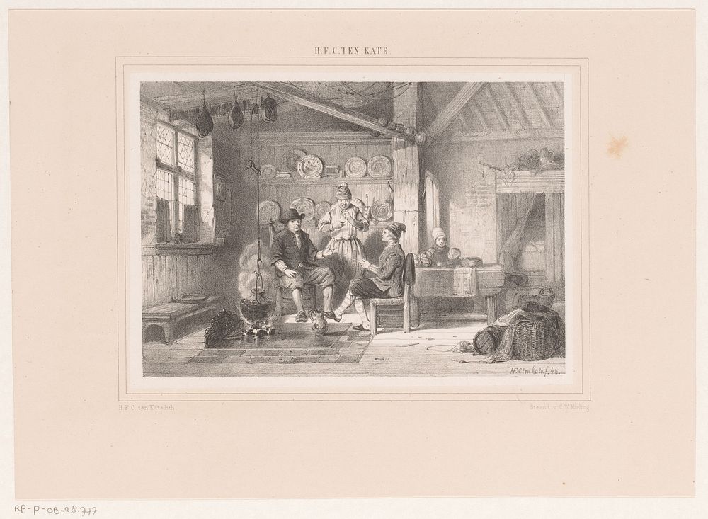 Interieur met drie mannen bij een haard (1846) by Herman Frederik Carel ten Kate and Steendrukkerij C W Mieling