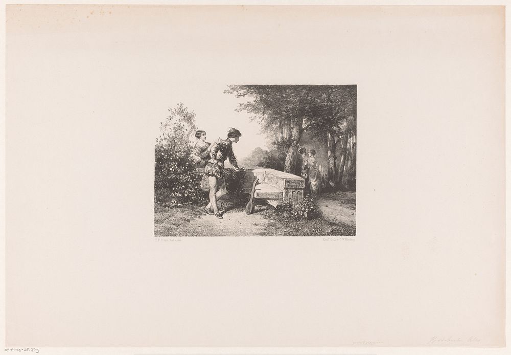 Twee paren in een park (1847 - c. 1863) by Herman Frederik Carel ten Kate and Koninklijke Nederlandse Steendrukkerij van C W…