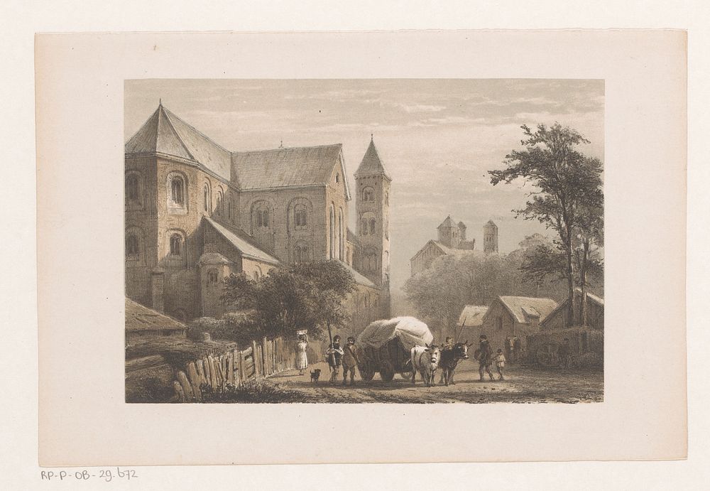 Runderen met wagen voor elfde-eeuwse kerk (1861) by Cornelis Springer and Arie Cornelis Kruseman