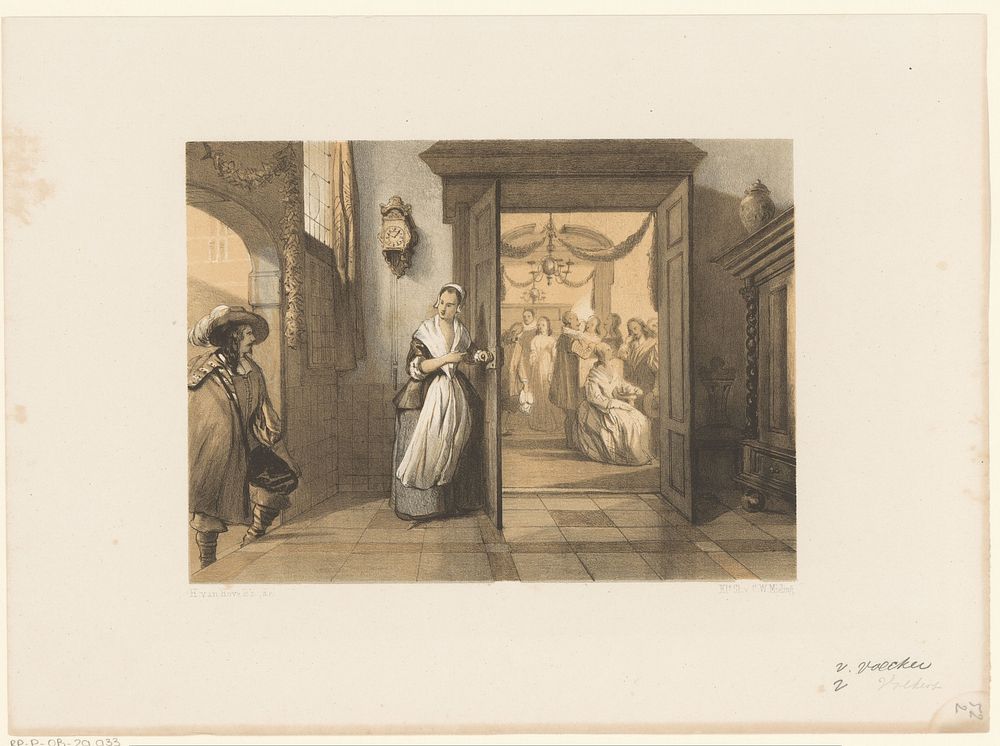 Vrouw opent deur voor man (1847 - 1865) by Anthonie van Volkom, Huib van Hove Bz and Koninklijke Nederlandse Steendrukkerij…
