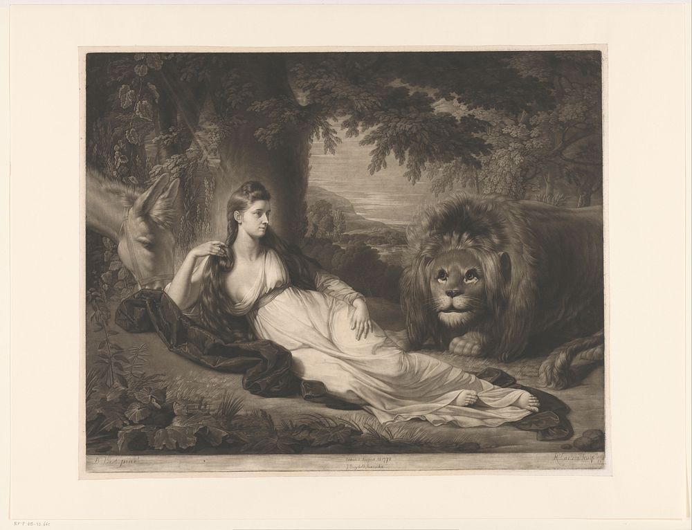 Portret van Mary Lawrence met een leeuw in een landschap (1772) by Richard Earlom, Benjamin West and John Boydell