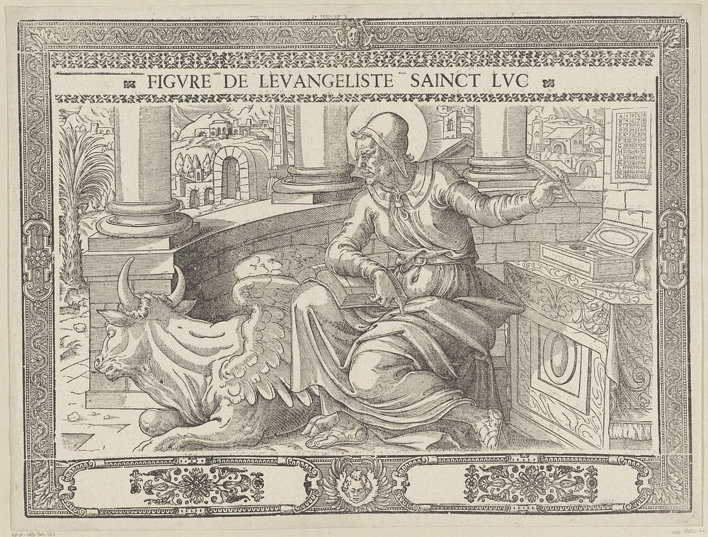 Lucas de evangelist schrijft zijn evangelie (1572 - 1575) by Antoni van Leest and Michel de Marhoniere