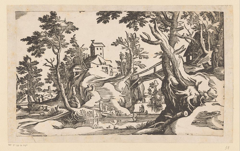 Rivierlandschap met brug (1500 - 1599) by anonymous
