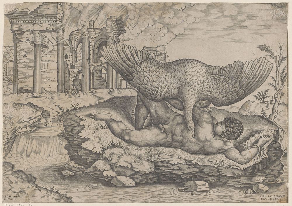 Tityus en de gier (1525 - 1565) by Nicolas Beatrizet, Michelangelo and Antonio Salamanca