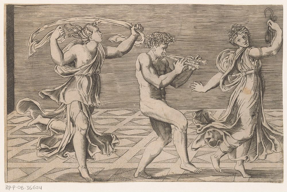 Dansende sater en maenaden (in or after 1516) by anonymous, Agostino Veneziano and Rafaël