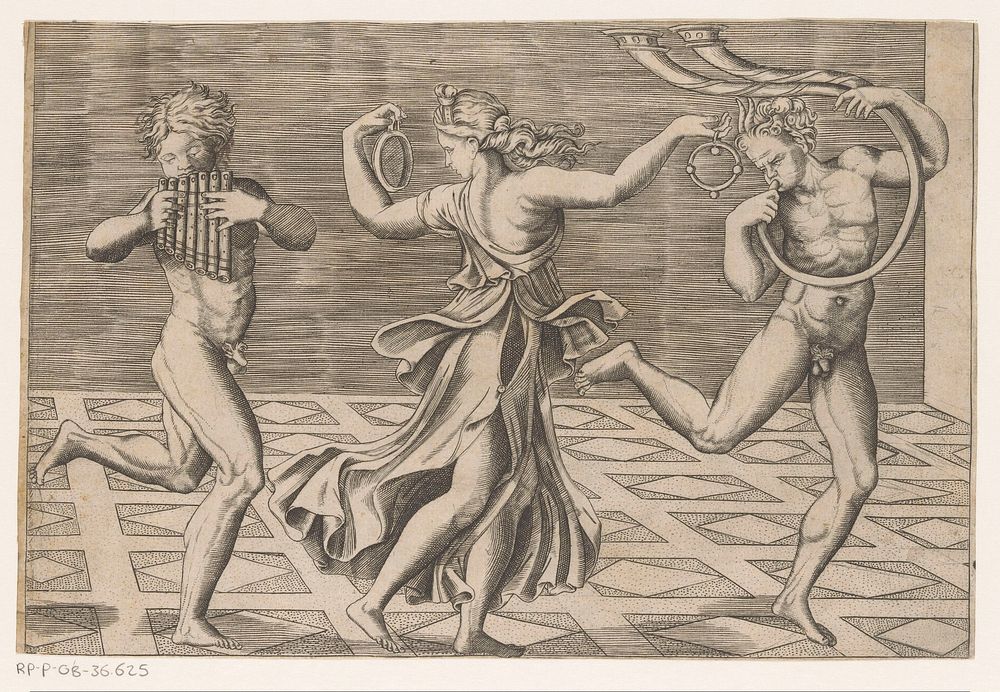 Dansende maenade en saters (in or after 1516) by anonymous, Agostino Veneziano and Rafaël