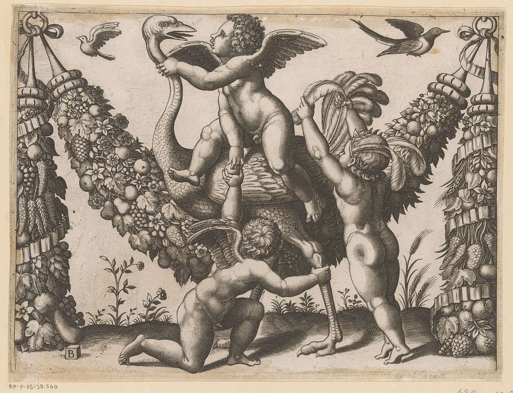 Drie putti en een struisvogel (c. 1530 - c. 1560) by Meester van de Dobbelsteen, Giovanni Martini and Rafaël