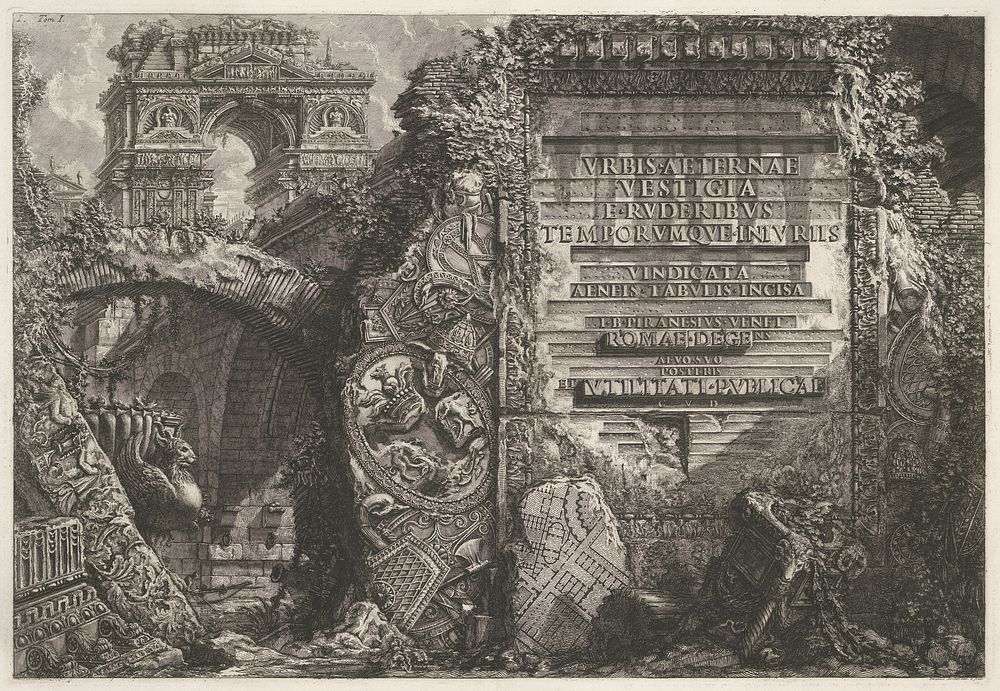 Frontispice met antieke ruïnes en een triomfboog (c. 1756 - c. 1757) by Giovanni Battista Piranesi and Giovanni Battista…