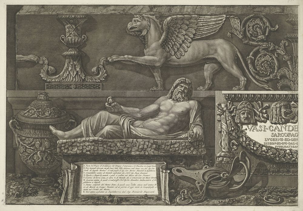 Titelprent met sculpturen, gebeeldhouwde reliëfs en een sarcofaag met titel (linker deel) (1778) by Giovanni Battista…