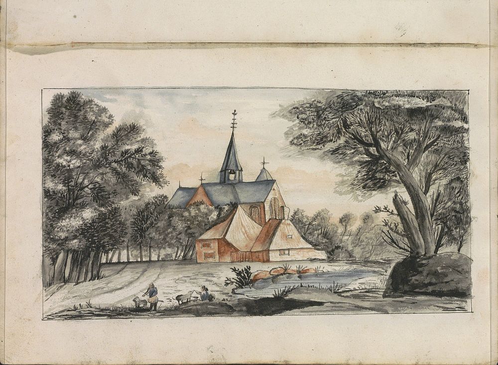Kerk tussen de bomen aan een waterkant (1696) by Hendrick van Beaumont