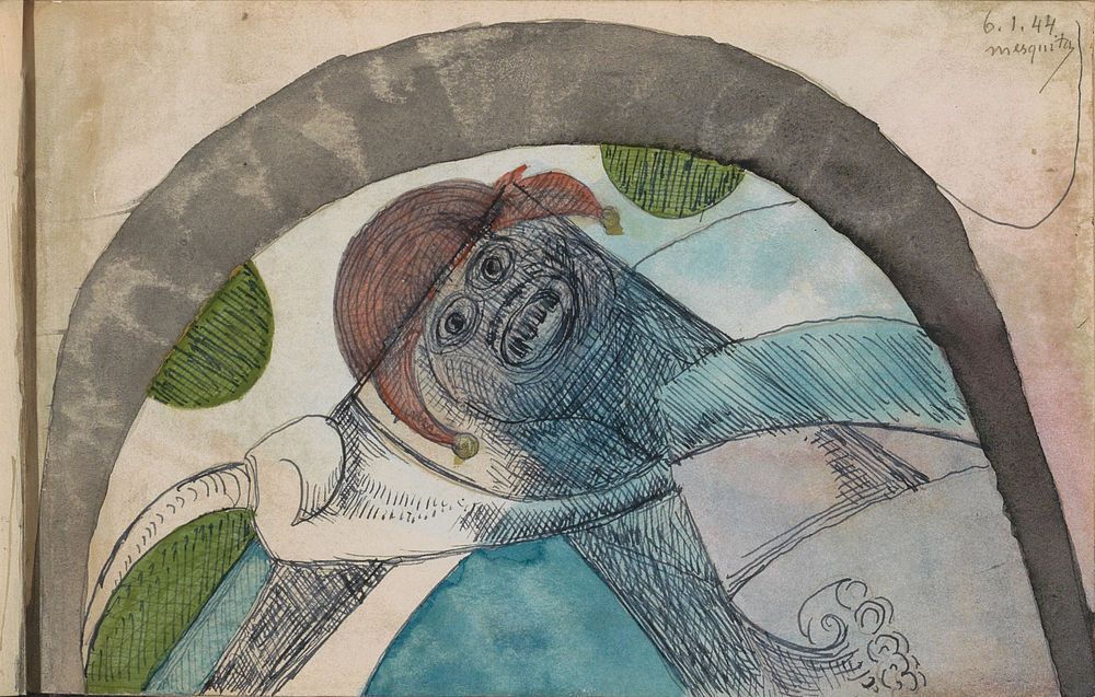 Antropomorf figuur met een harlekijnsmuts onder een boog (1944) by Samuel Jessurun de Mesquita
