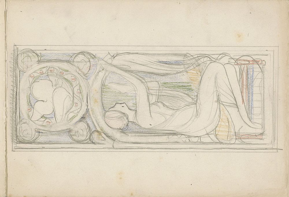 Ontwerp voor een venster met een zittende vrouw en putto in een omlijsting (1900 - 1903) by Antoon Derkinderen