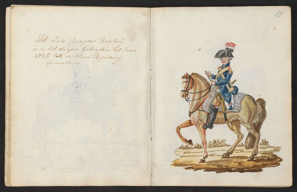 Uniform van de cavalerie van het Amsterdamse exercitiegenootschap in 1785 (1795) by S G Casten