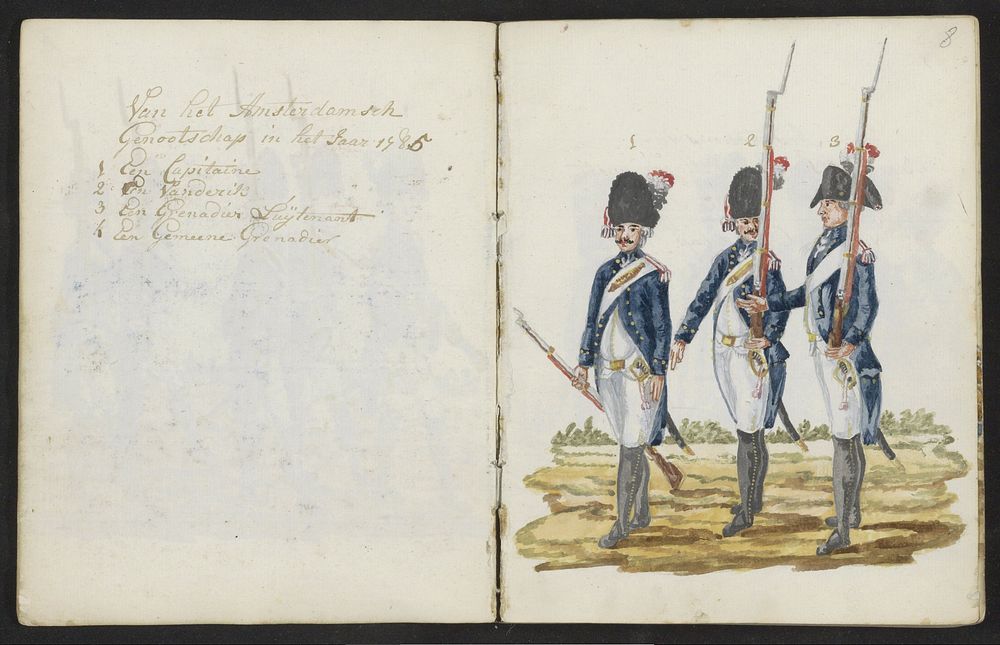 Drie uniformen van het Amsterdamse exercitiegenootschap in 1783-1787 (1795) by S G Casten
