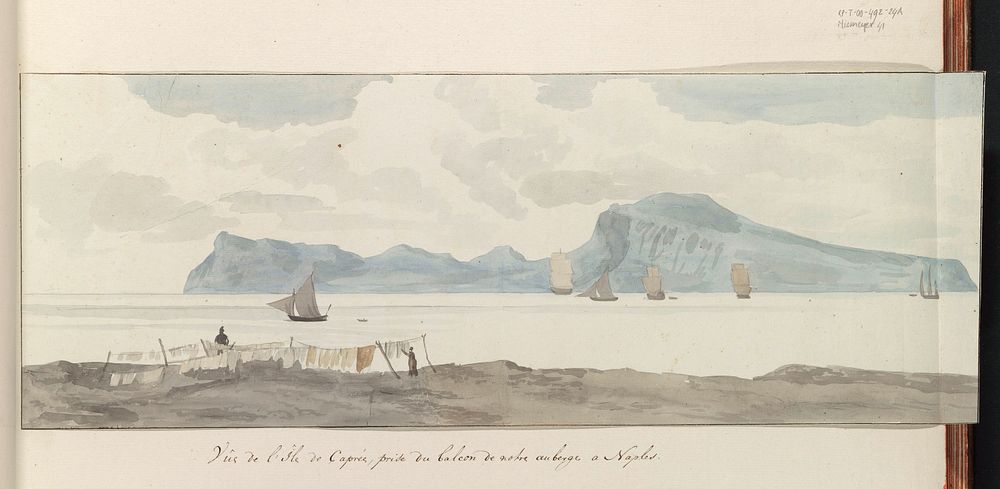 Gezicht op eiland Capri vanaf het balkon van herberg te Napels (1778) by Louis Ducros